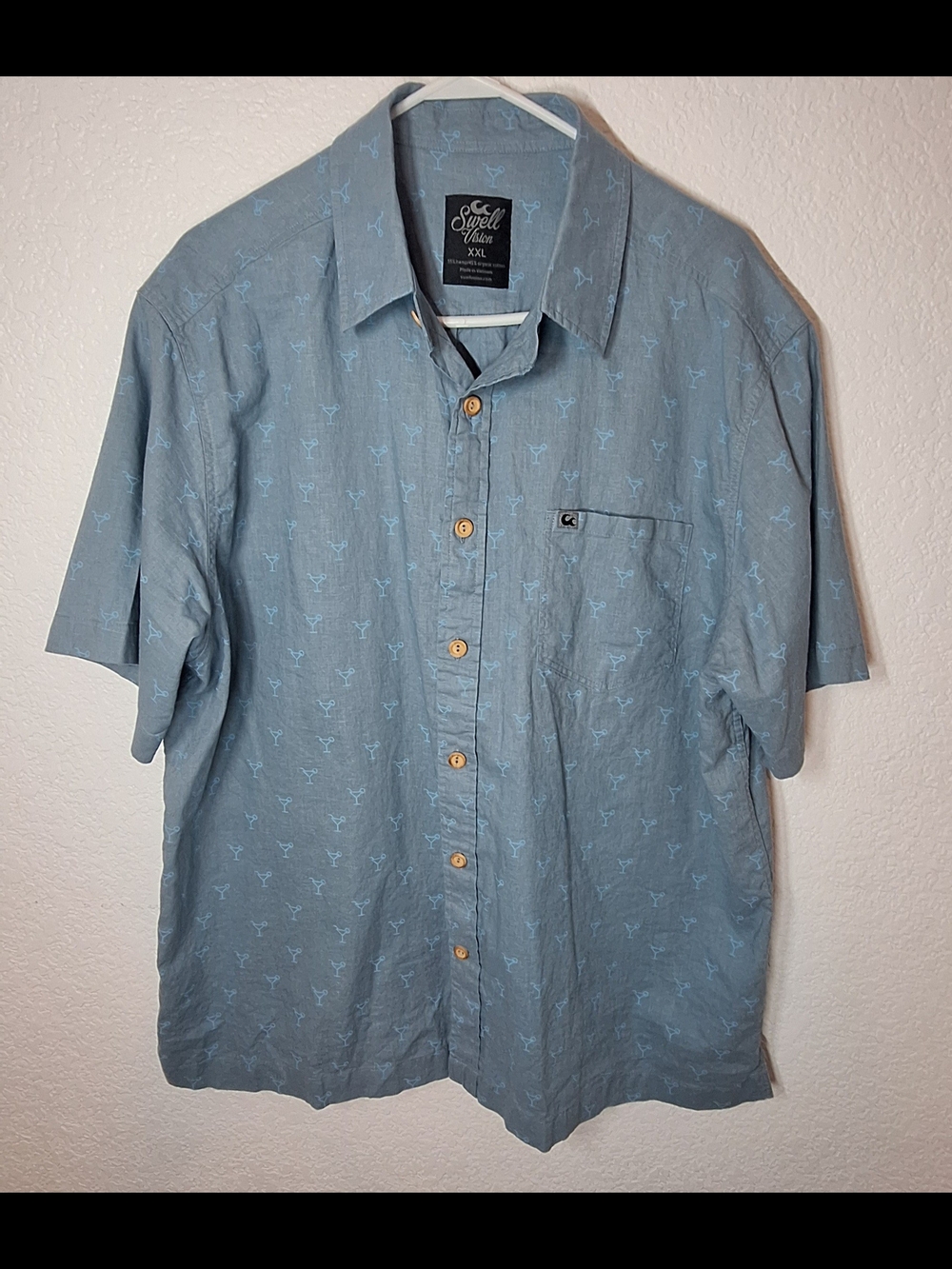 Swell Vision Blue Cocktail Print Hemp Cotton Short Sleeve Button Down Shirt XXL